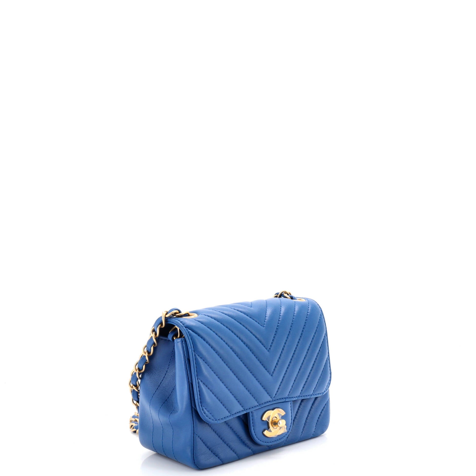 Shoulder Bag Square Classic Single Flap Mini Blue Lambskin Chevron Quilted Leather