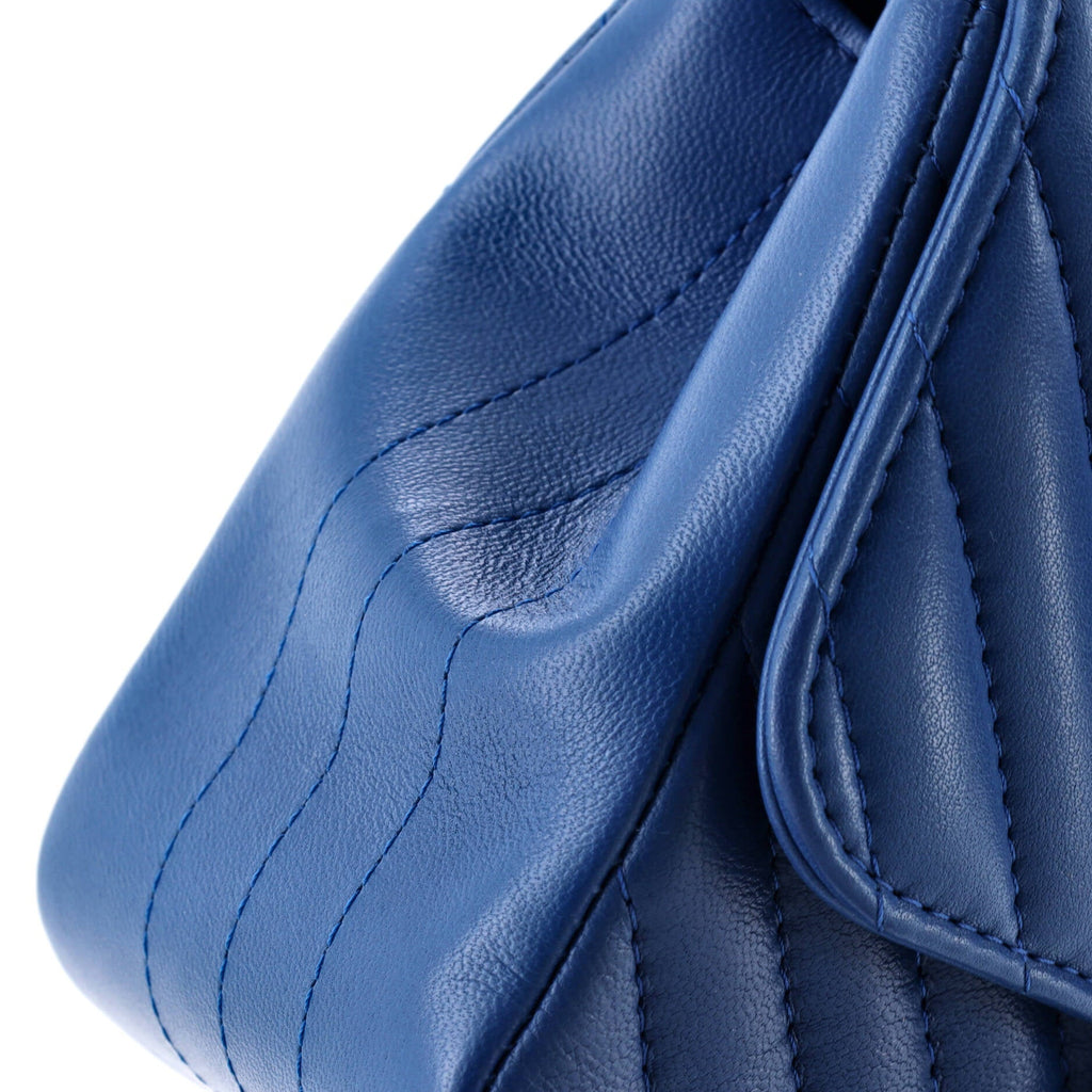 Shoulder Bag Square Classic Single Flap Mini Blue Lambskin Chevron Quilted Leather