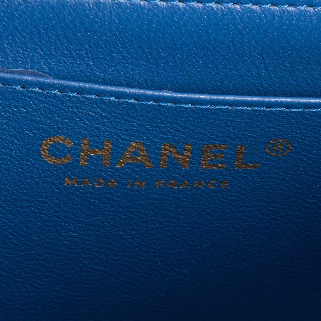 Shoulder Bag Square Classic Single Flap Mini Blue Lambskin Chevron Quilted Leather