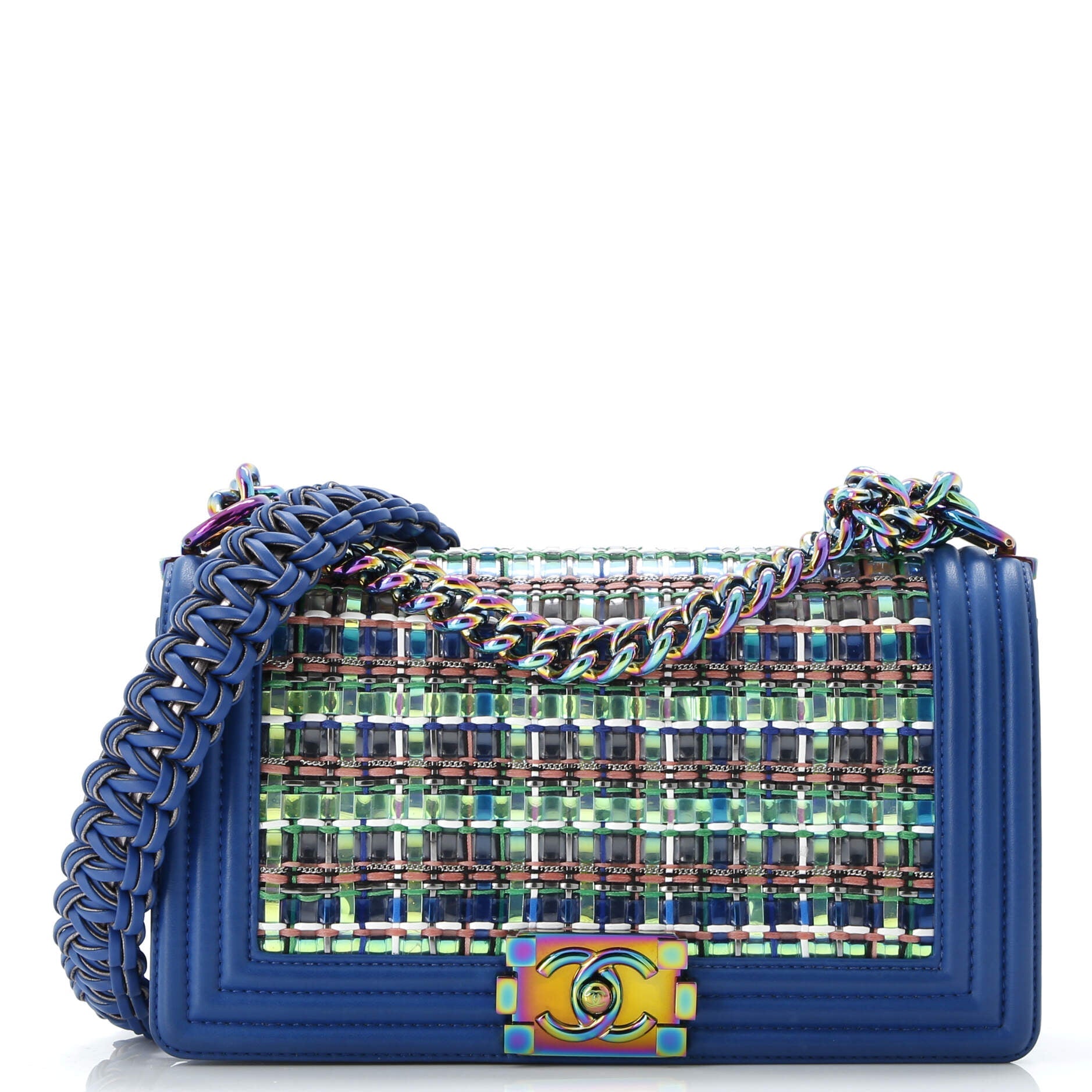 Shoulder Bag Iridescent Boy Medium Blue Woven PVC/Lambskin Leather