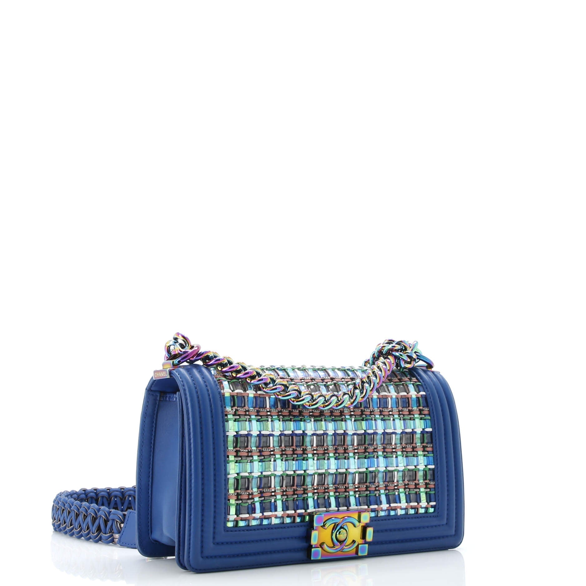 Shoulder Bag Iridescent Boy Medium Blue Woven PVC/Lambskin Leather