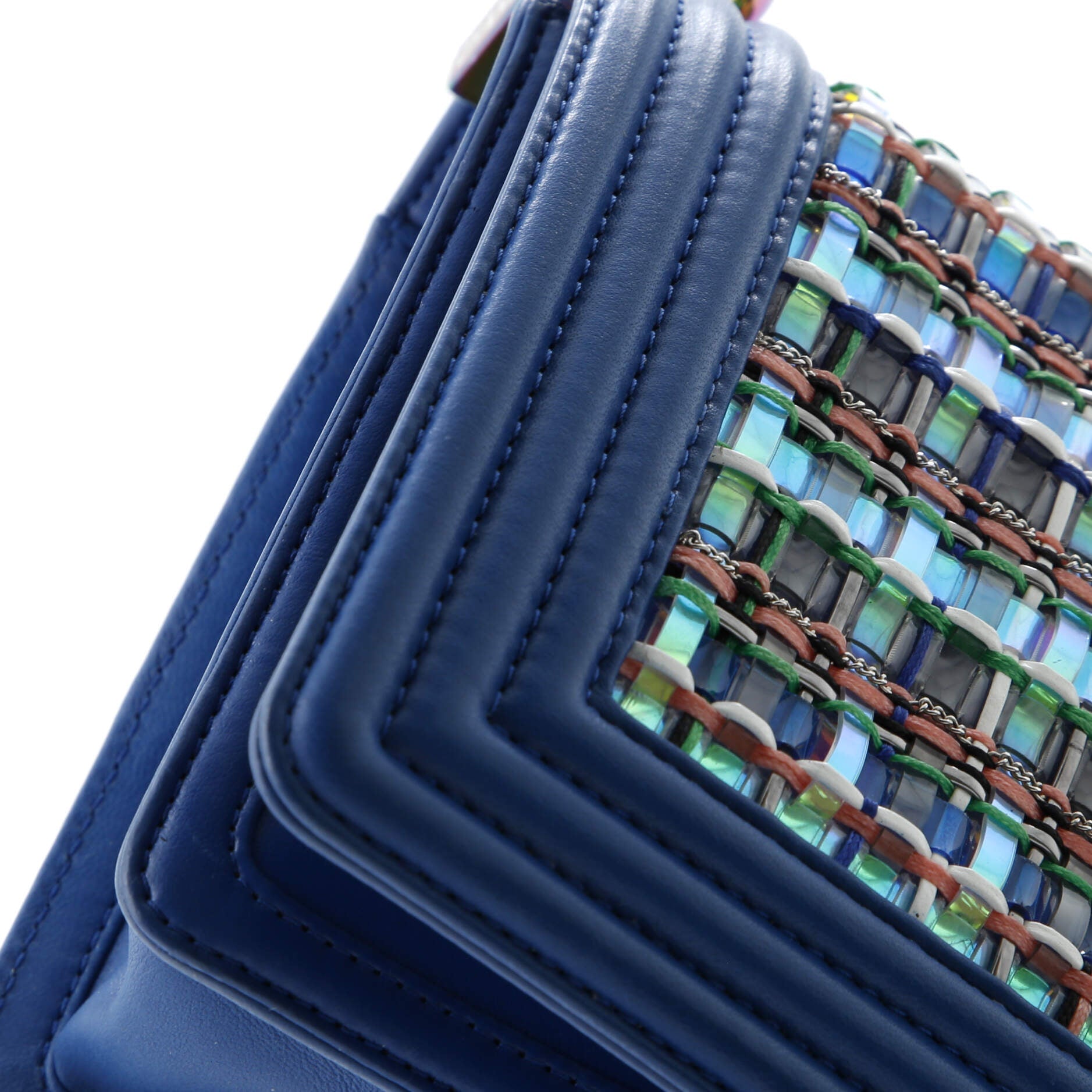 Shoulder Bag Iridescent Boy Medium Blue Woven PVC/Lambskin Leather