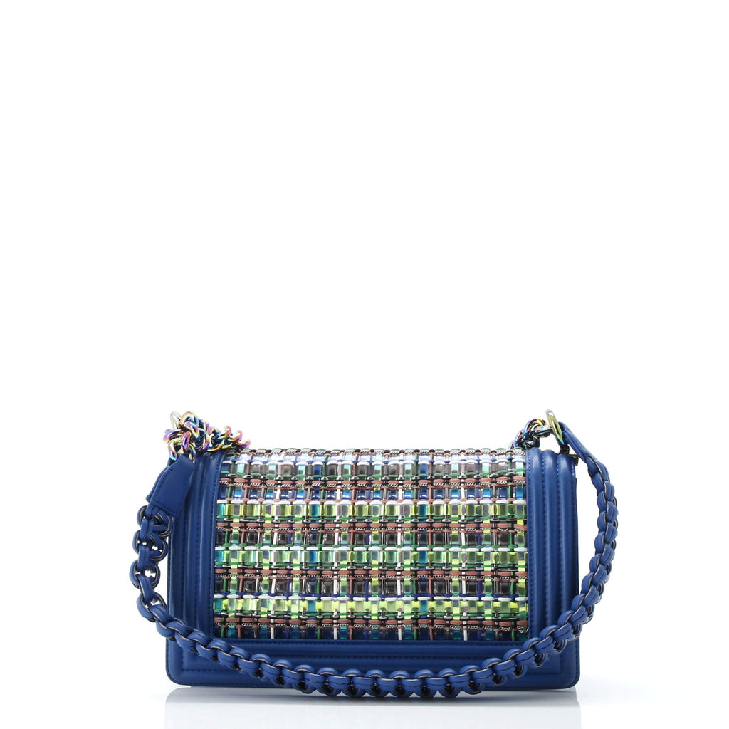 Shoulder Bag Iridescent Boy Medium Blue Woven PVC/Lambskin Leather