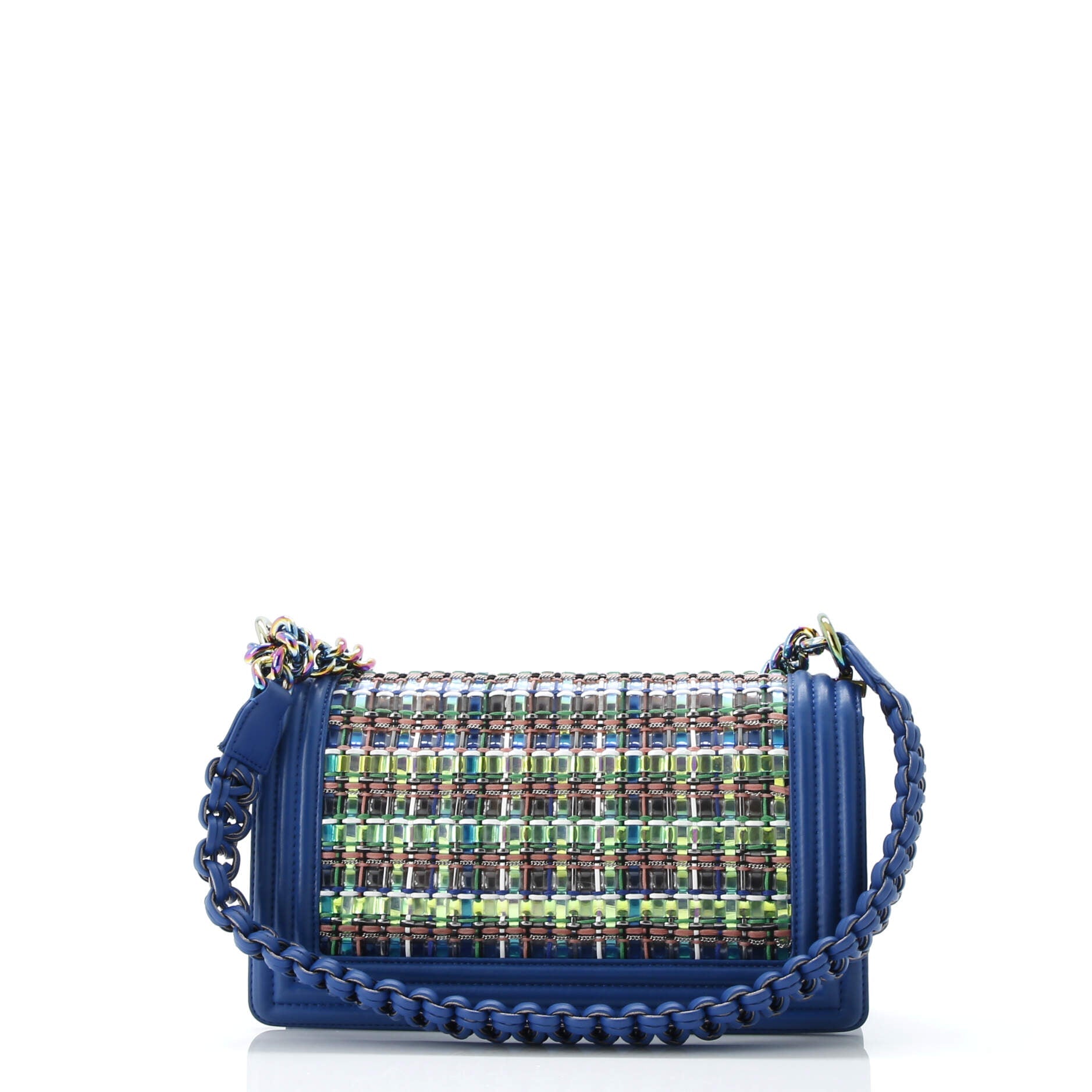 Shoulder Bag Iridescent Boy Medium Blue Woven PVC/Lambskin Leather