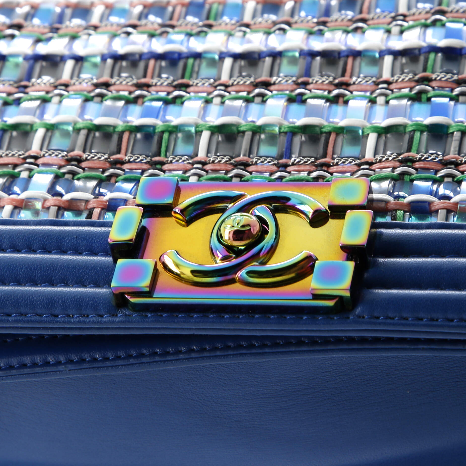 Shoulder Bag Iridescent Boy Medium Blue Woven PVC/Lambskin Leather