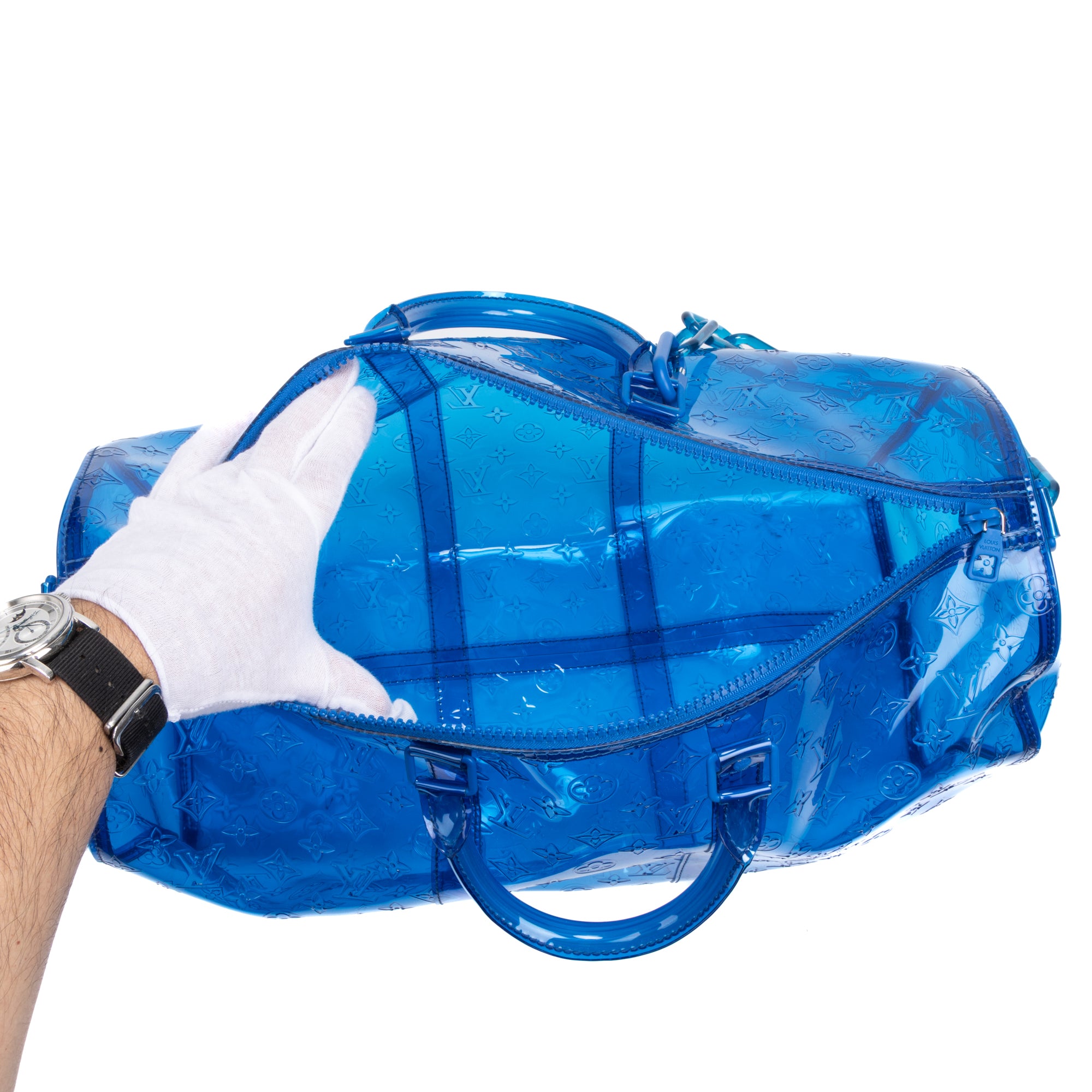 Travel Bag Ltd. Ed. Virgil Abloh Keepall Monogram Prism 50 Blue Monogram Embossed PVC
