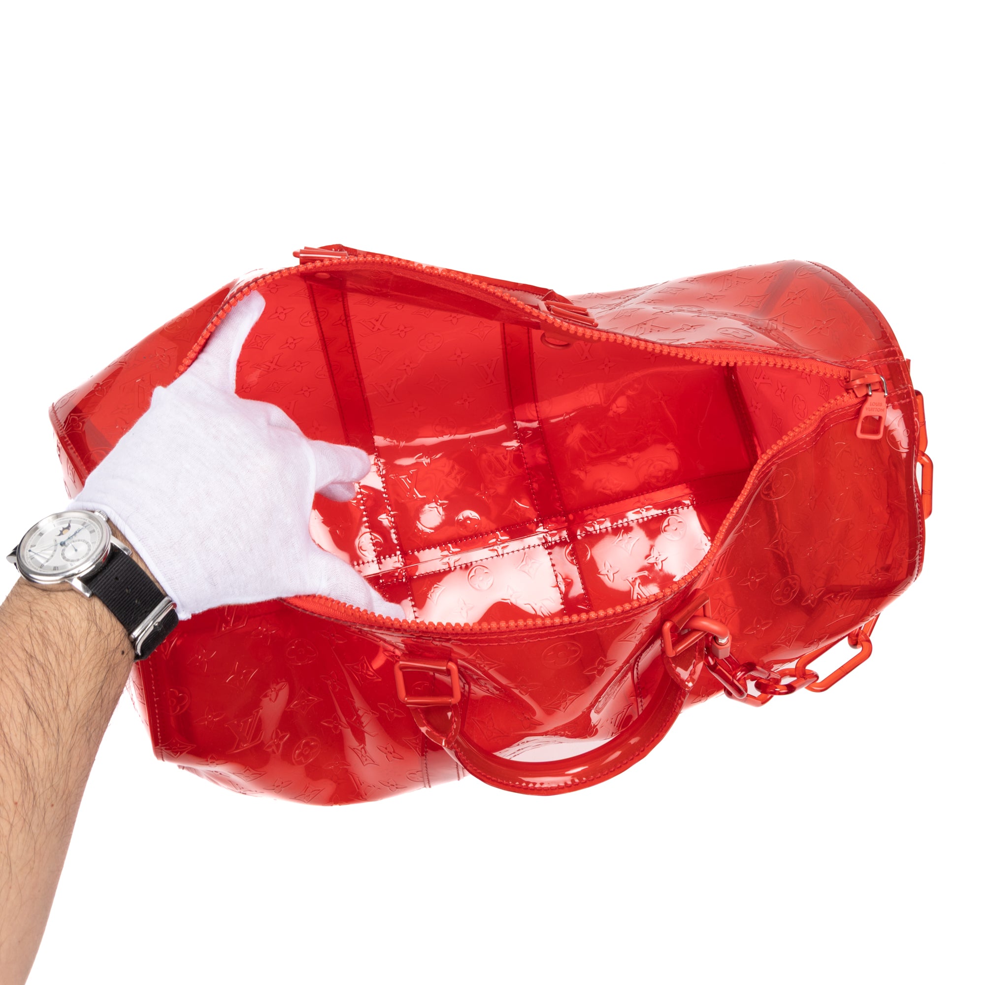 Travel Bag Ltd. Ed. Virgil Abloh Keepall Monogram Prism 50 Red Monogram Embossed PVC