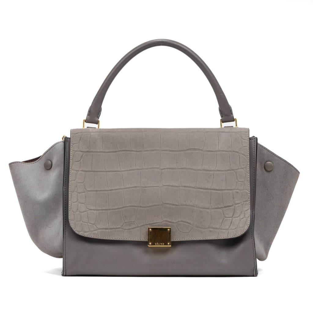 Shoulder Bag Trapeze Grey Crocodile Embossed Suede