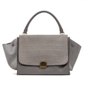 Shoulder Bag Trapeze Grey Crocodile Embossed Suede
