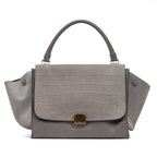 Shoulder Bag Trapeze Grey Crocodile Embossed Suede
