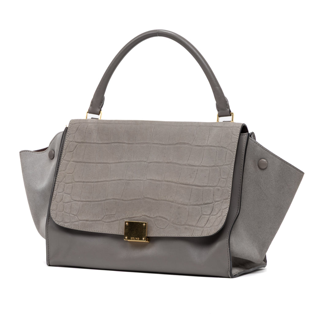 Shoulder Bag Trapeze Grey Crocodile Embossed Suede