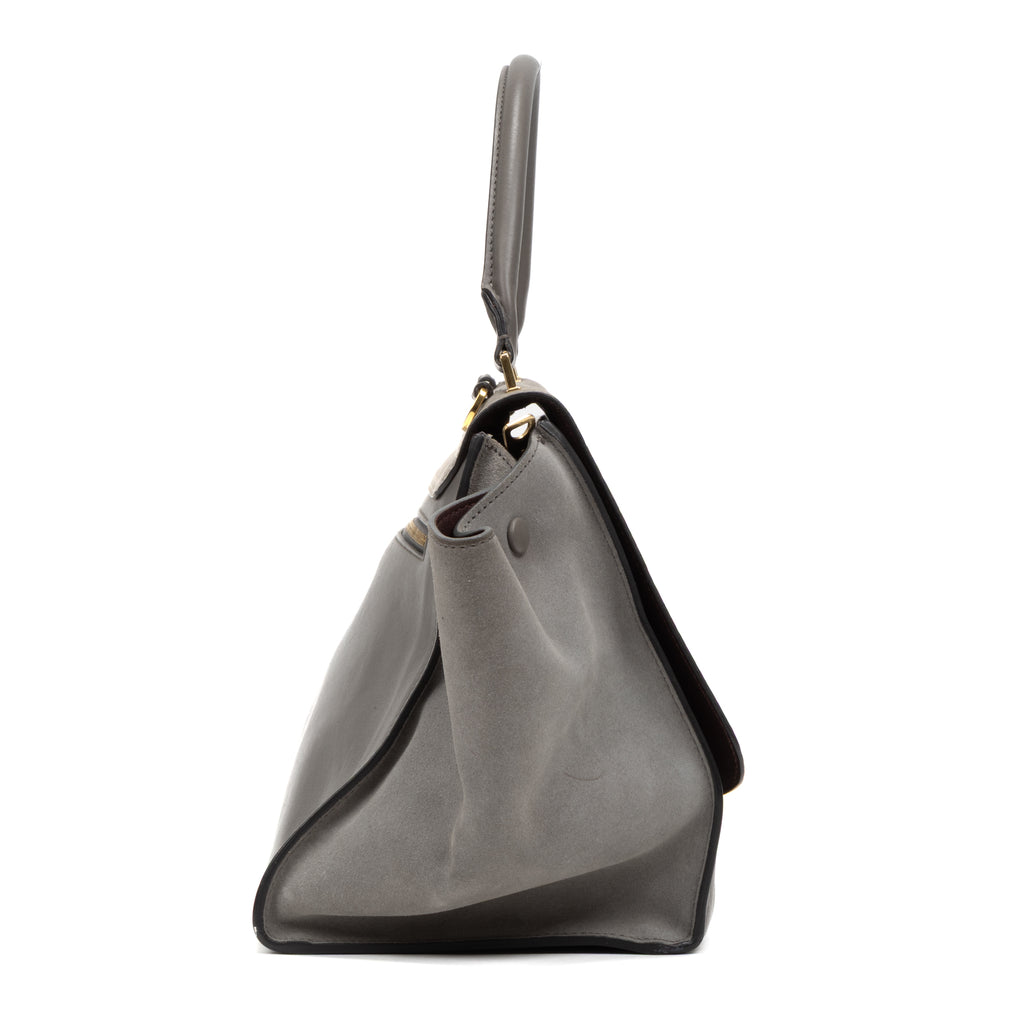 Shoulder Bag Trapeze Grey Crocodile Embossed Suede