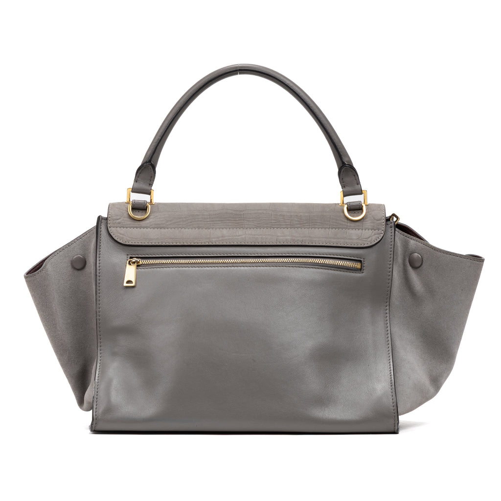 Shoulder Bag Trapeze Grey Crocodile Embossed Suede