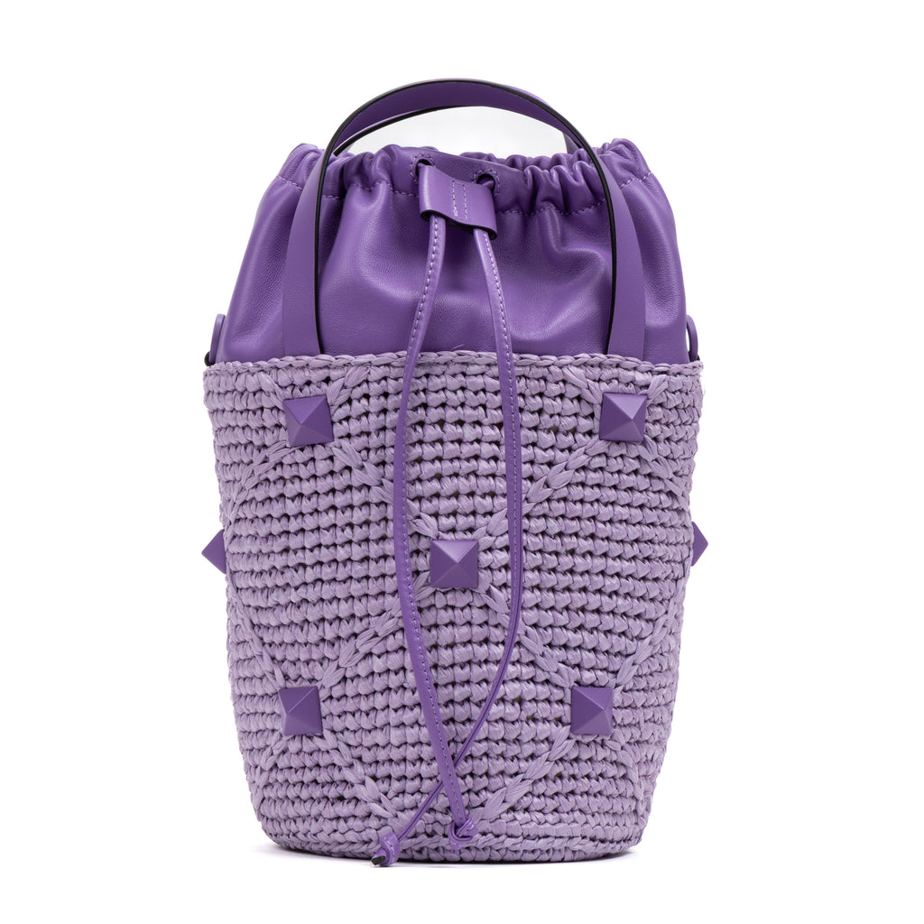 Shoulder Bag Roman Stud Bucket Bag Purple Raffia Canvas/Smooth Leather
