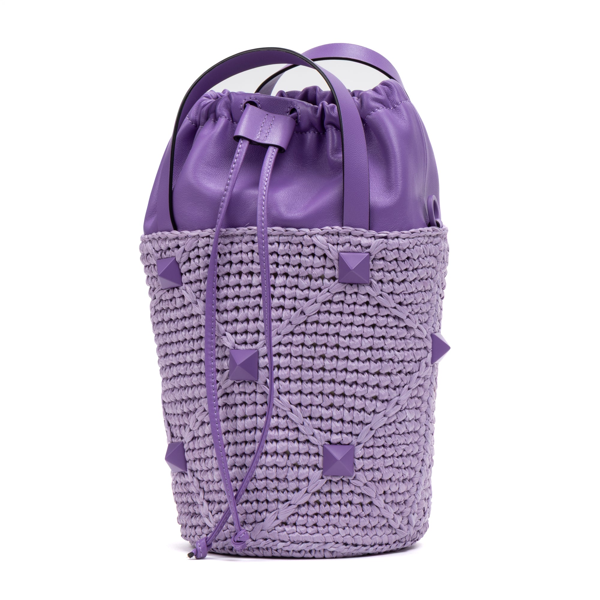 Shoulder Bag Roman Stud Bucket Bag Purple Raffia Canvas/Smooth Leather