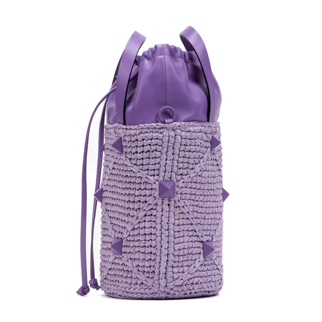 Shoulder Bag Roman Stud Bucket Bag Purple Raffia Canvas/Smooth Leather