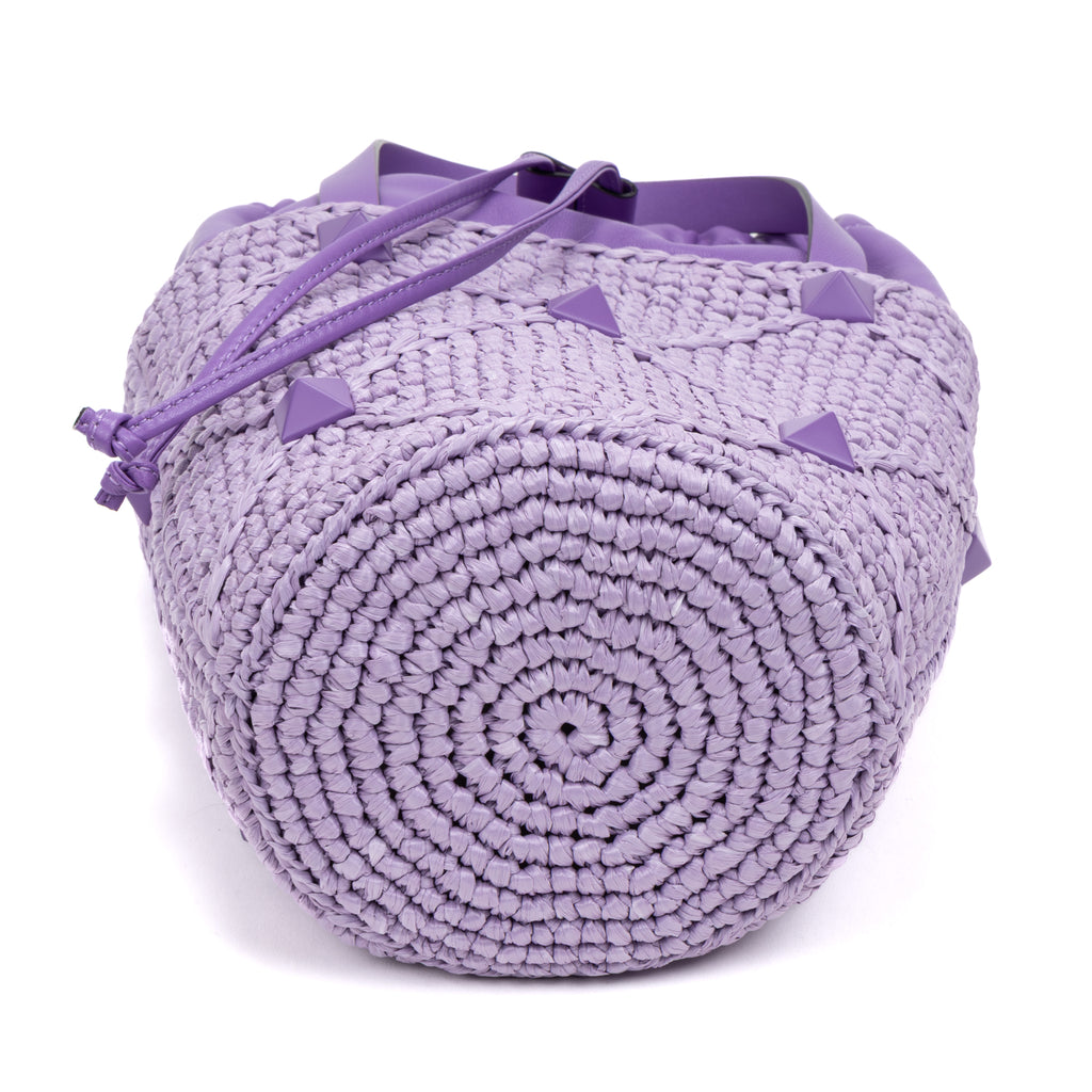 Shoulder Bag Roman Stud Bucket Bag Purple Raffia Canvas/Smooth Leather