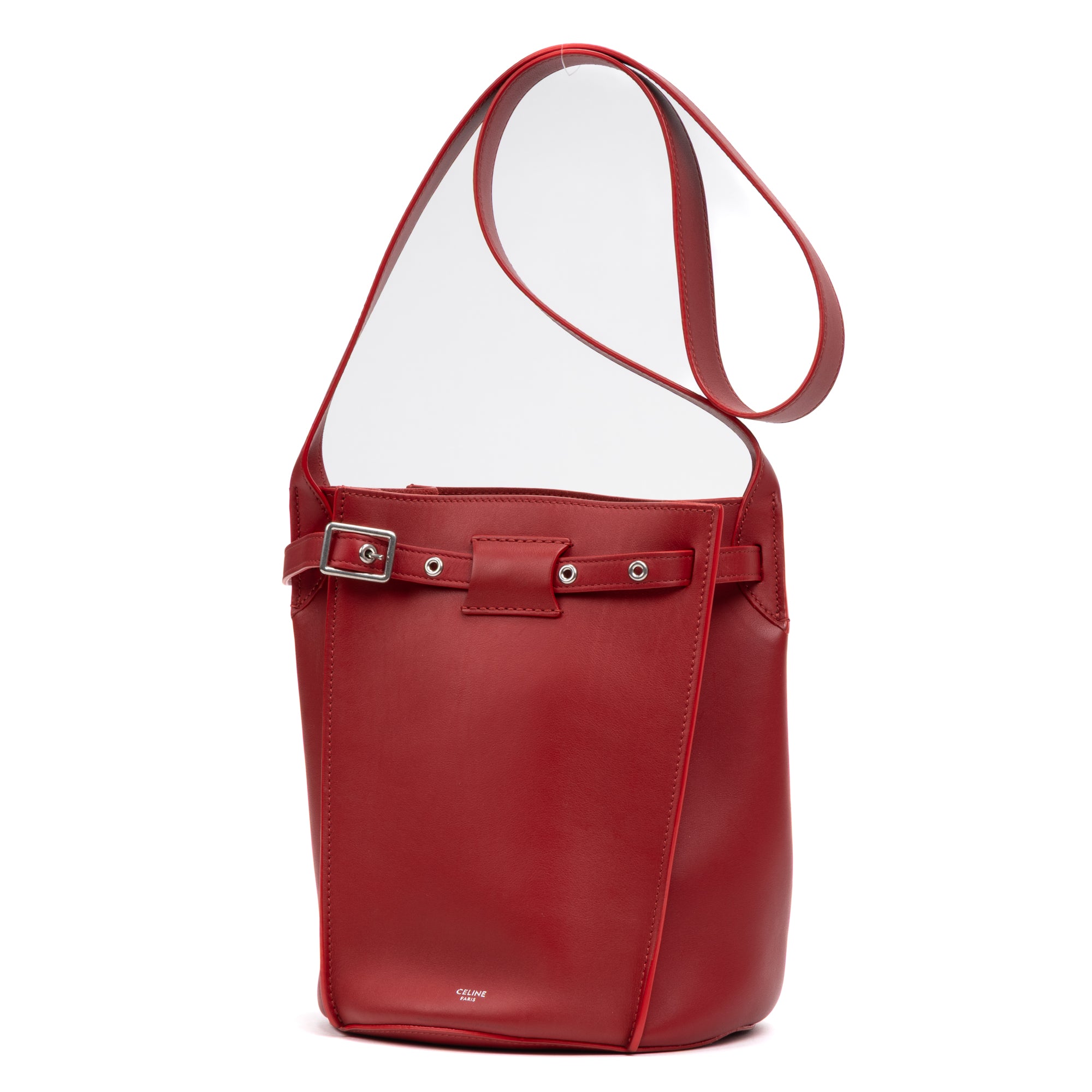 Shoulder Bag Long Strap Big Bucket Red Soft Leather