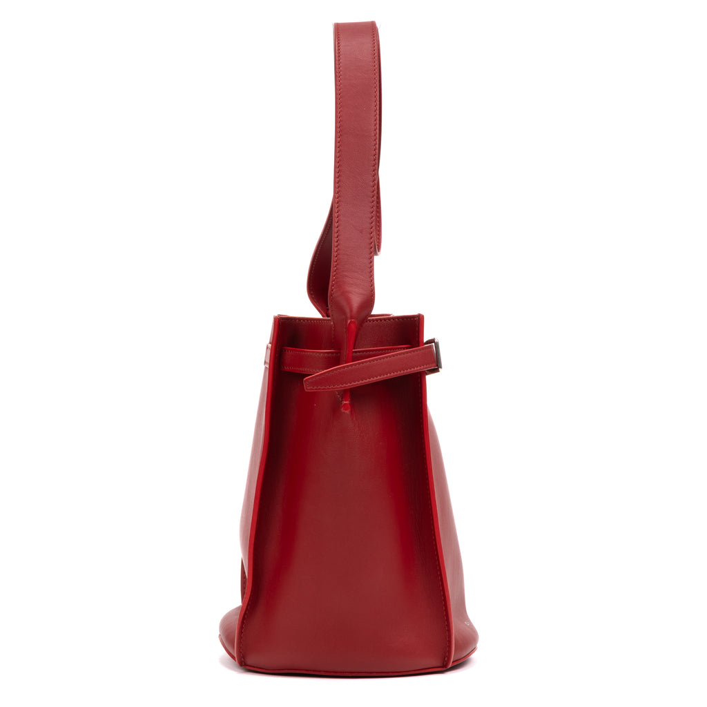 Shoulder Bag Long Strap Big Bucket Red Soft Leather