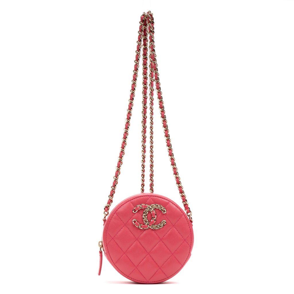 Shoulder Bag French New Wave Round Chain Clutch Mini Pink Caviar Quilted Leather