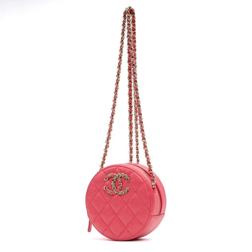 Shoulder Bag French New Wave Round Chain Clutch Mini Pink Caviar Quilted Leather