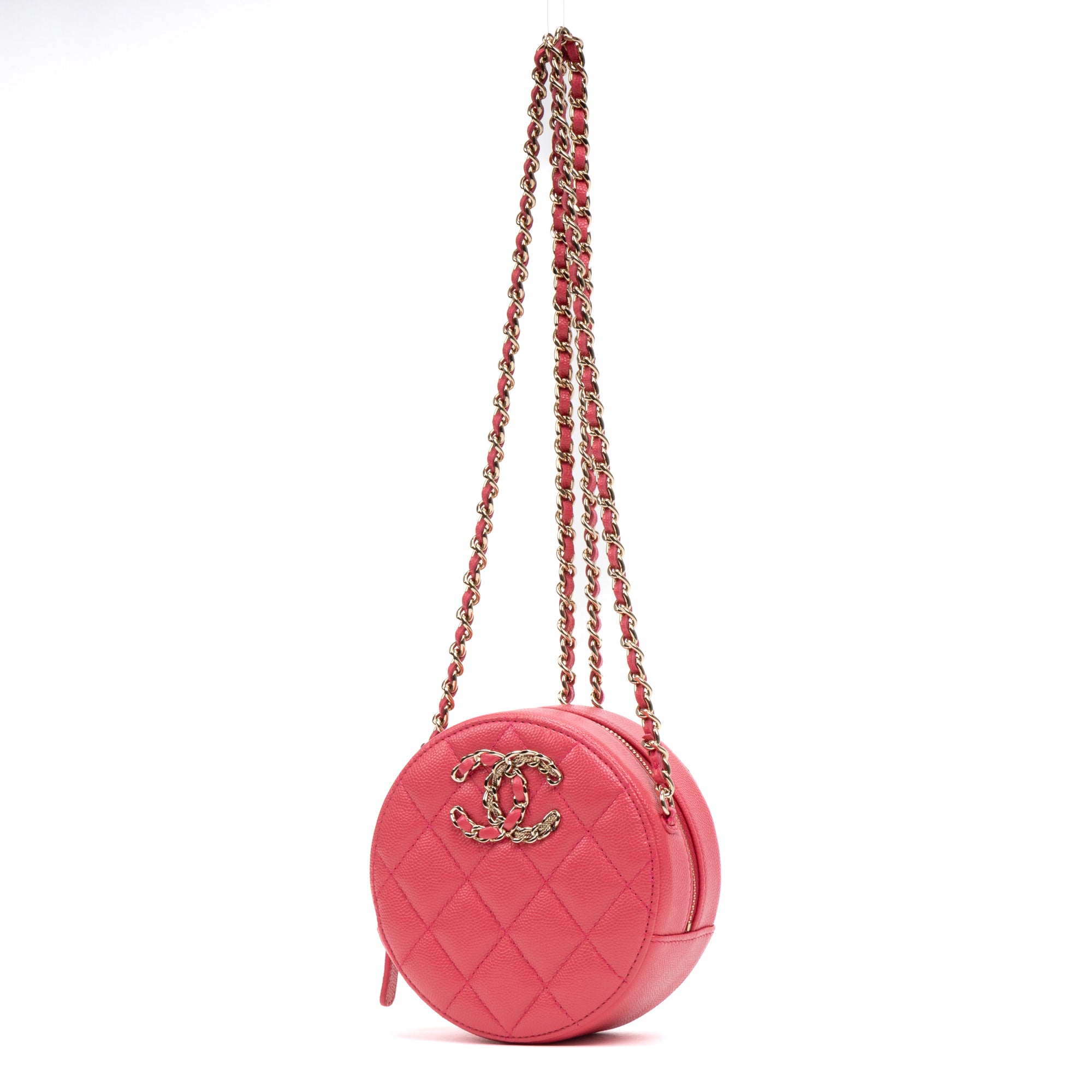 Shoulder Bag French New Wave Round Chain Clutch Mini Pink Caviar Quilted Leather
