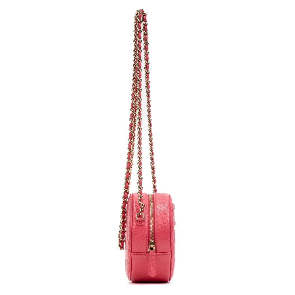 Shoulder Bag French New Wave Round Chain Clutch Mini Pink Caviar Quilted Leather