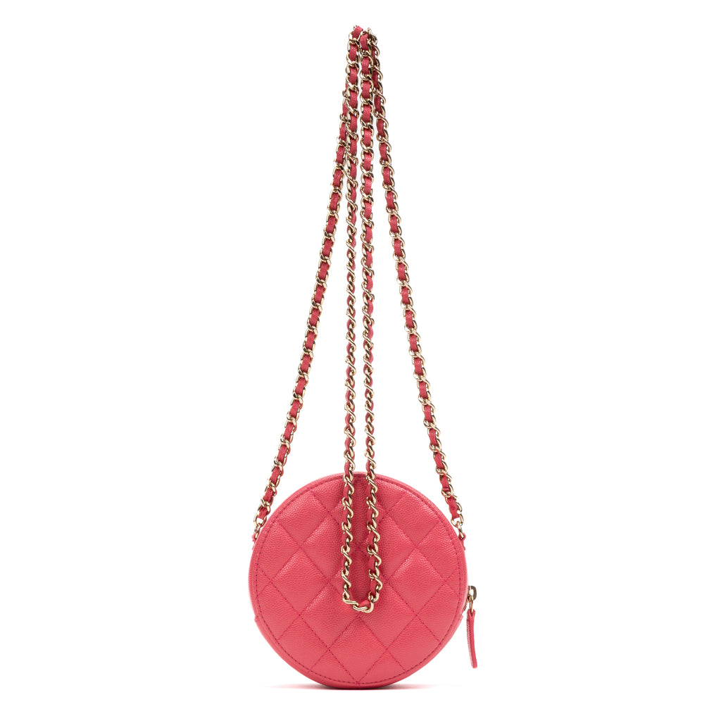 Shoulder Bag French New Wave Round Chain Clutch Mini Pink Caviar Quilted Leather