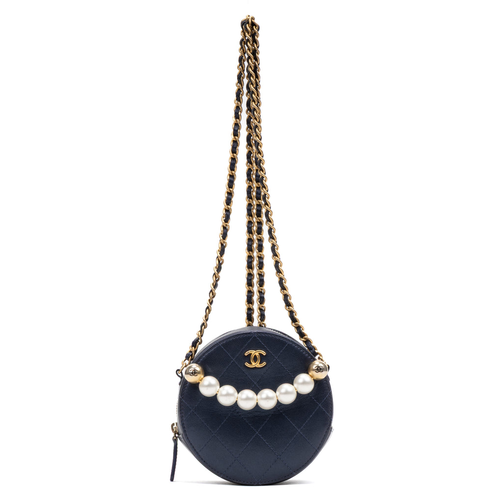 Shoulder Bag Chic Pearls Round Chain Clutch Mini Blue Lambskin Quilted Leather
