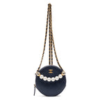Shoulder Bag Chic Pearls Round Chain Clutch Mini Blue Lambskin Quilted Leather
