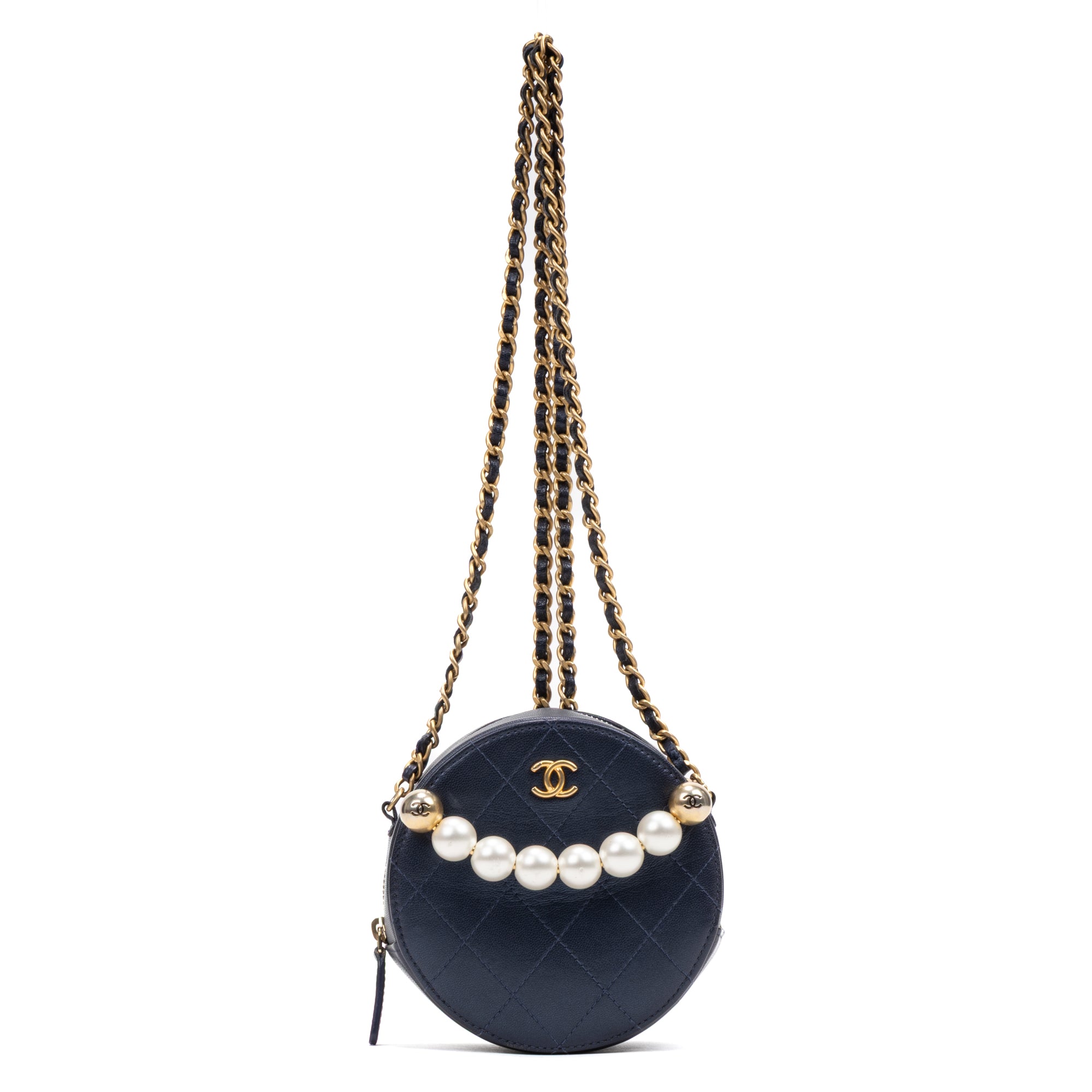 Shoulder Bag Chic Pearls Round Chain Clutch Mini Blue Lambskin Quilted Leather