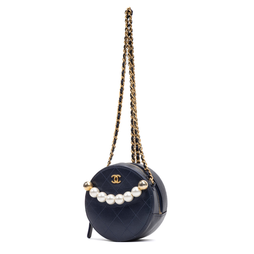 Shoulder Bag Chic Pearls Round Chain Clutch Mini Blue Lambskin Quilted Leather