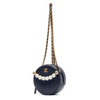 Shoulder Bag Chic Pearls Round Chain Clutch Mini Blue Lambskin Quilted Leather