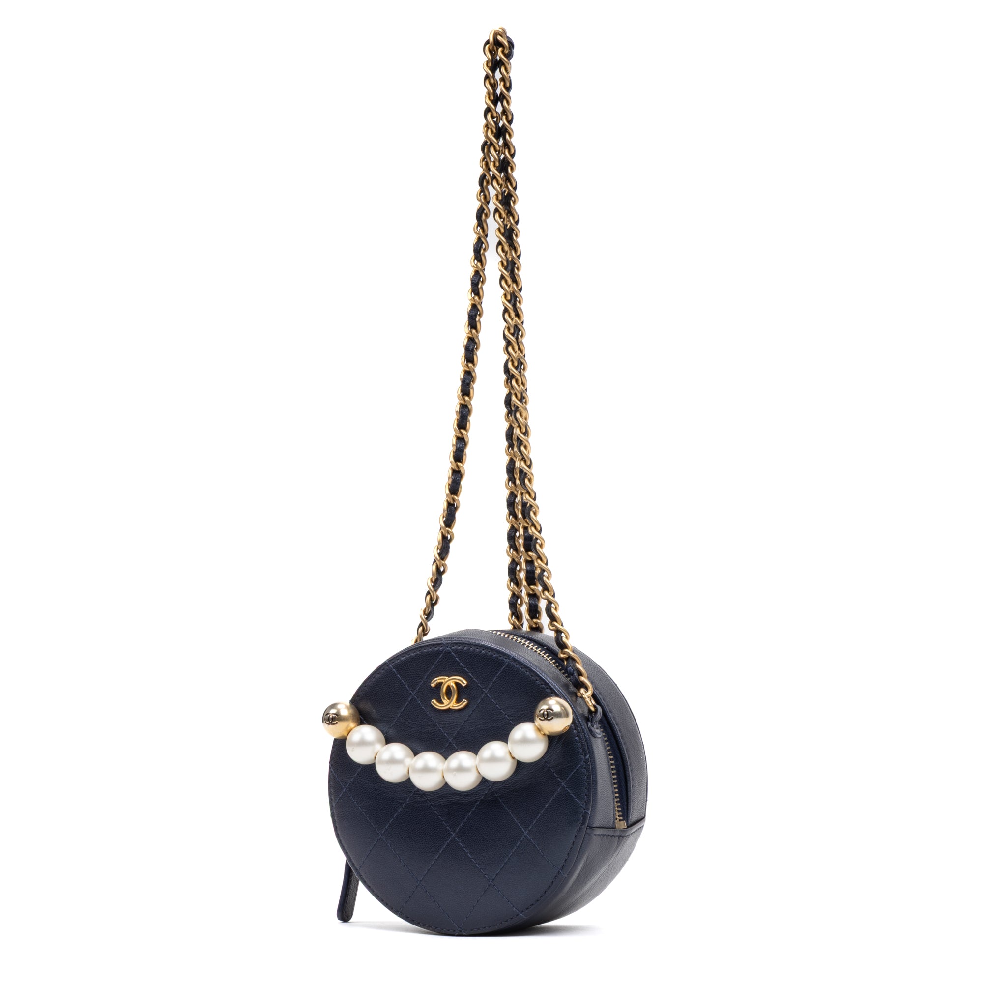 Shoulder Bag Chic Pearls Round Chain Clutch Mini Blue Lambskin Quilted Leather