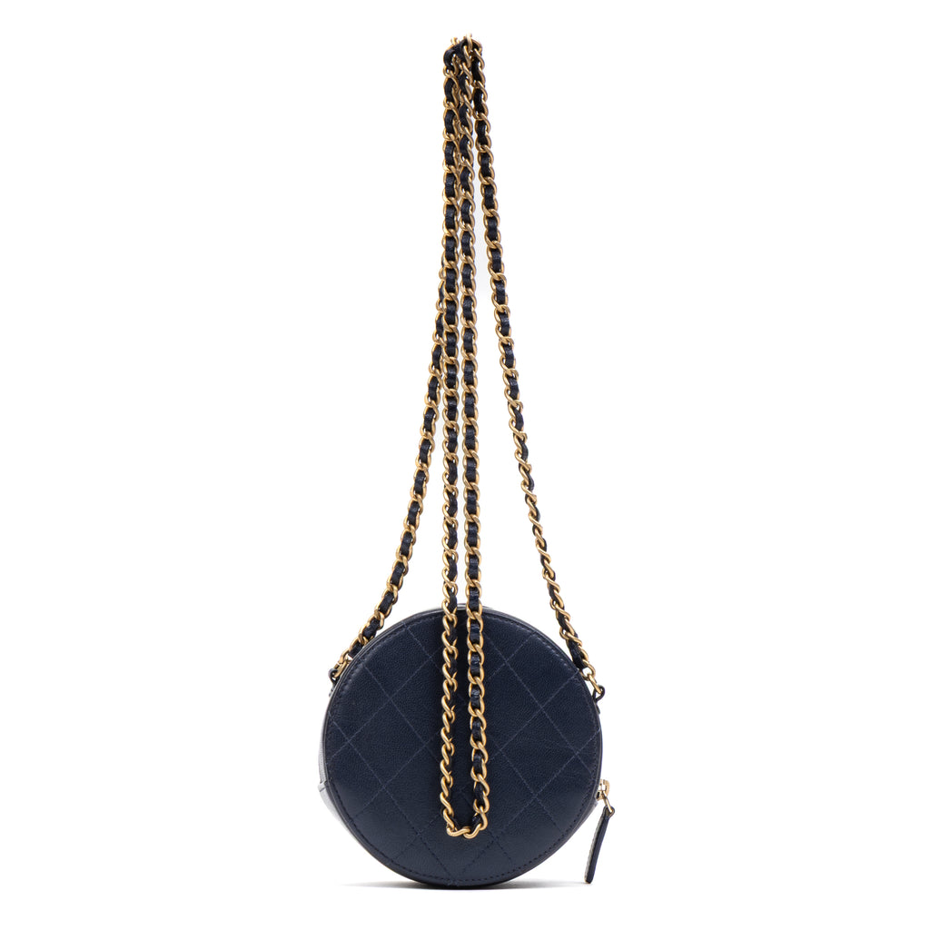 Shoulder Bag Chic Pearls Round Chain Clutch Mini Blue Lambskin Quilted Leather
