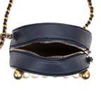 Shoulder Bag Chic Pearls Round Chain Clutch Mini Blue Lambskin Quilted Leather