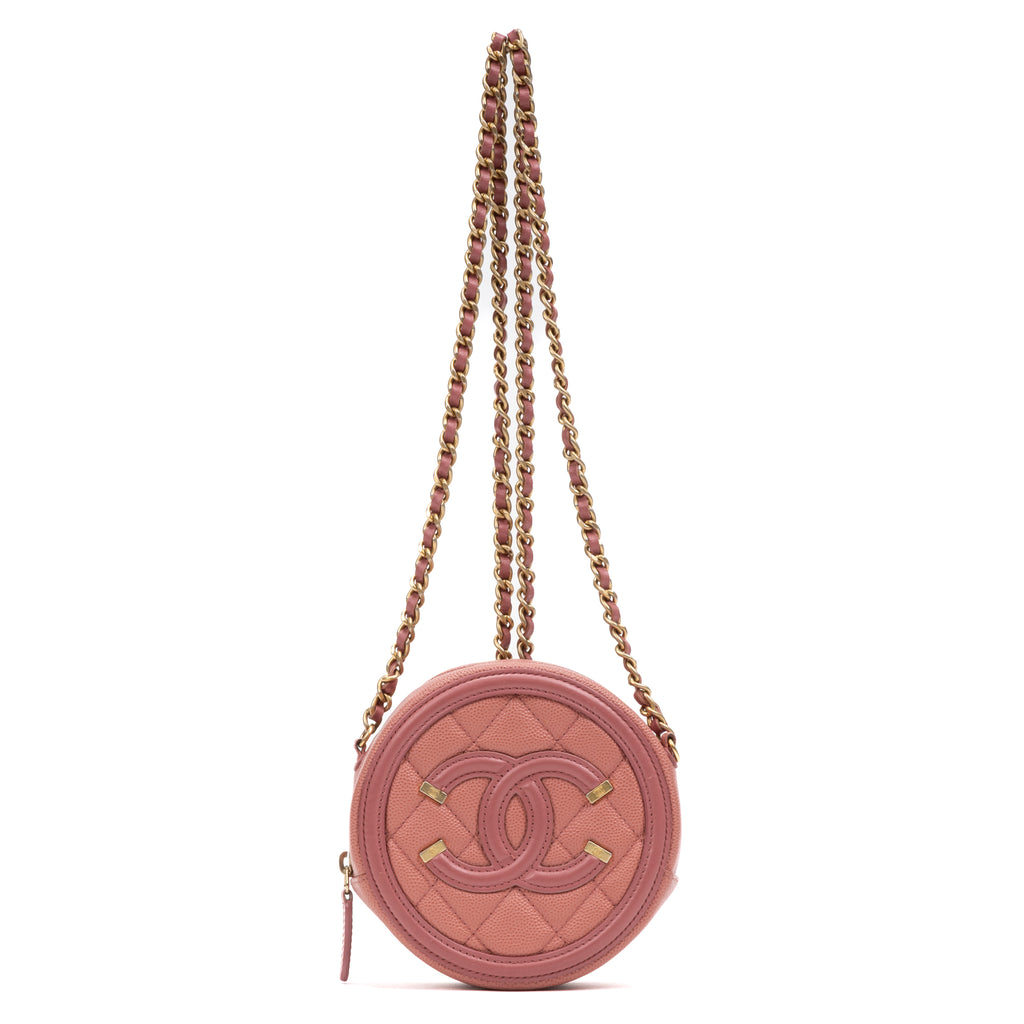 Shoulder Bag Filigree Round Chain Clutch Mini Pink Caviar Quilted Leather