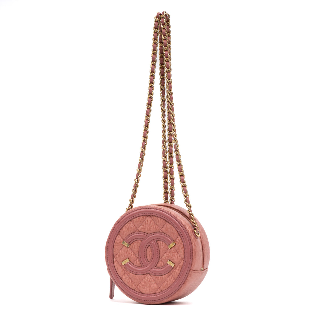 Shoulder Bag Filigree Round Chain Clutch Mini Pink Caviar Quilted Leather