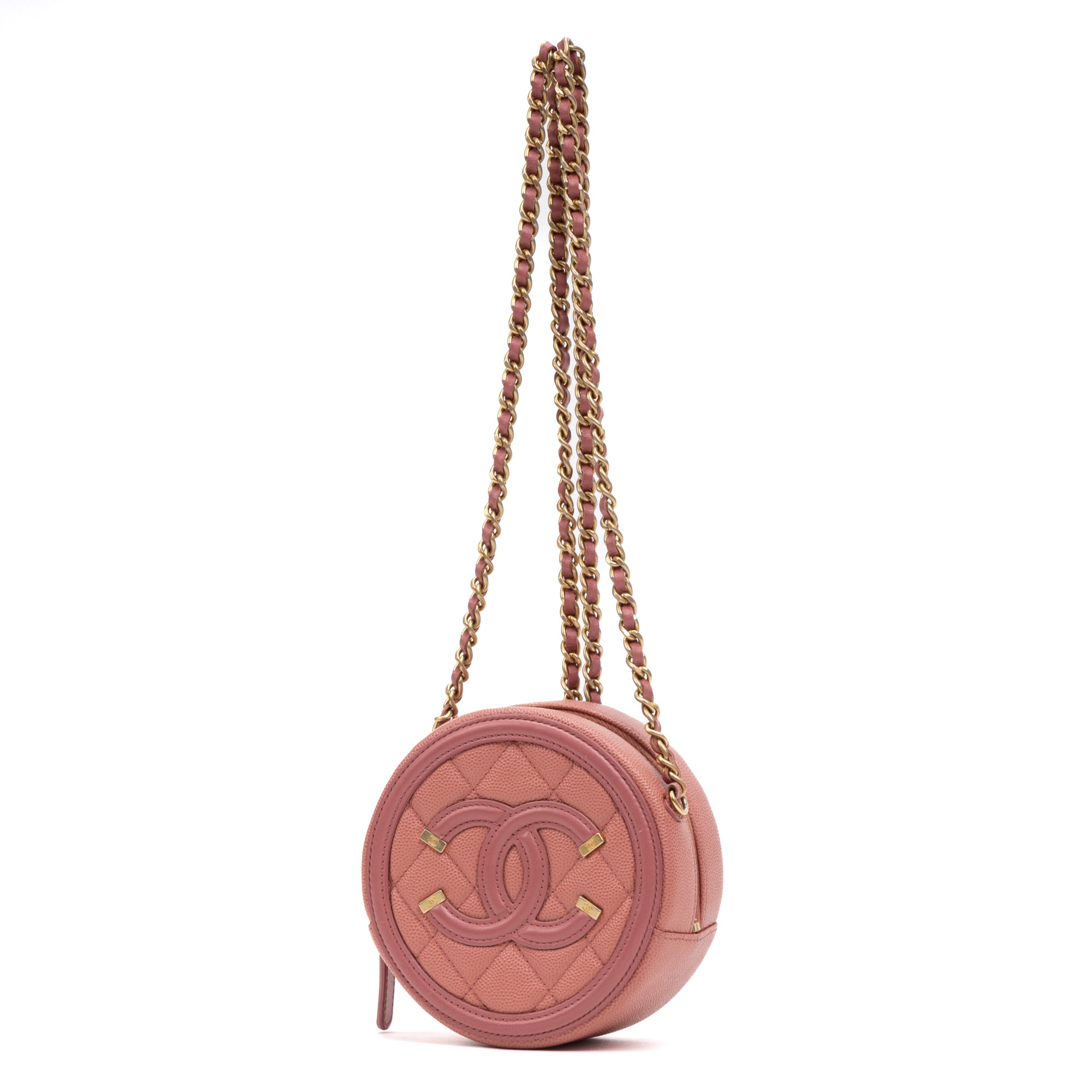 Shoulder Bag Filigree Round Chain Clutch Mini Pink Caviar Quilted Leather
