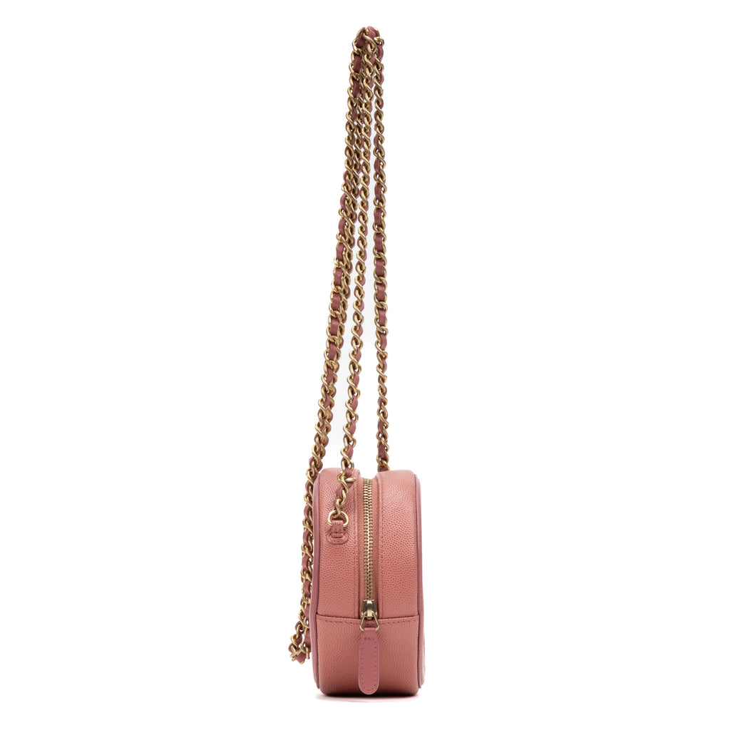 Shoulder Bag Filigree Round Chain Clutch Mini Pink Caviar Quilted Leather
