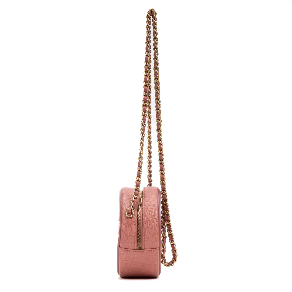 Shoulder Bag Filigree Round Chain Clutch Mini Pink Caviar Quilted Leather