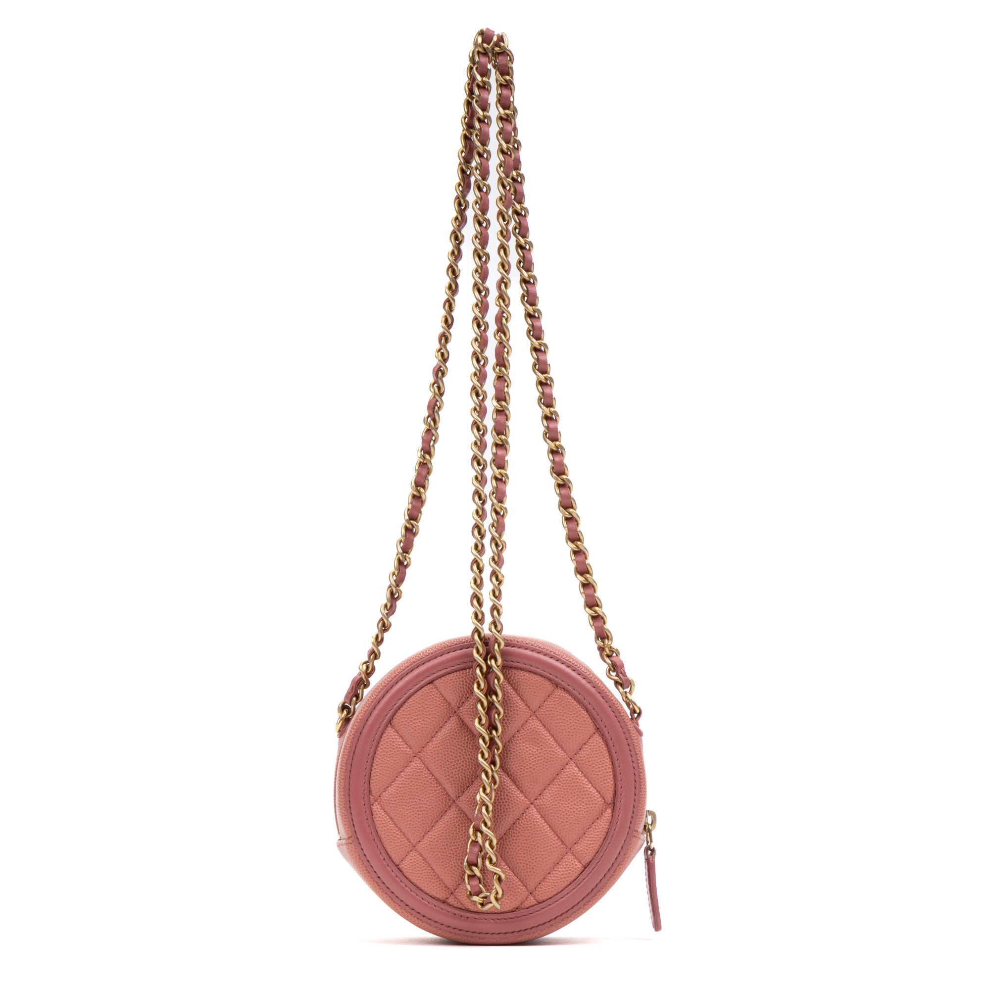 Shoulder Bag Filigree Round Chain Clutch Mini Pink Caviar Quilted Leather
