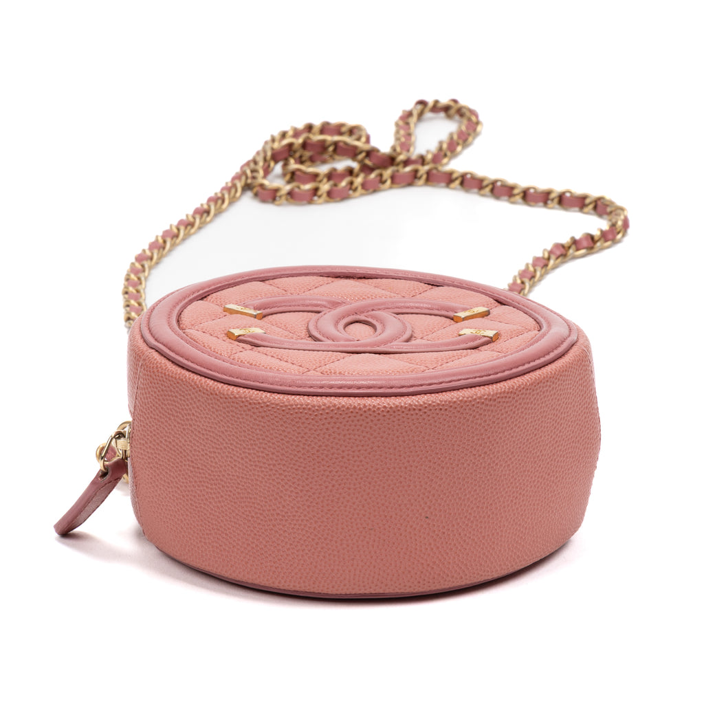 Shoulder Bag Filigree Round Chain Clutch Mini Pink Caviar Quilted Leather