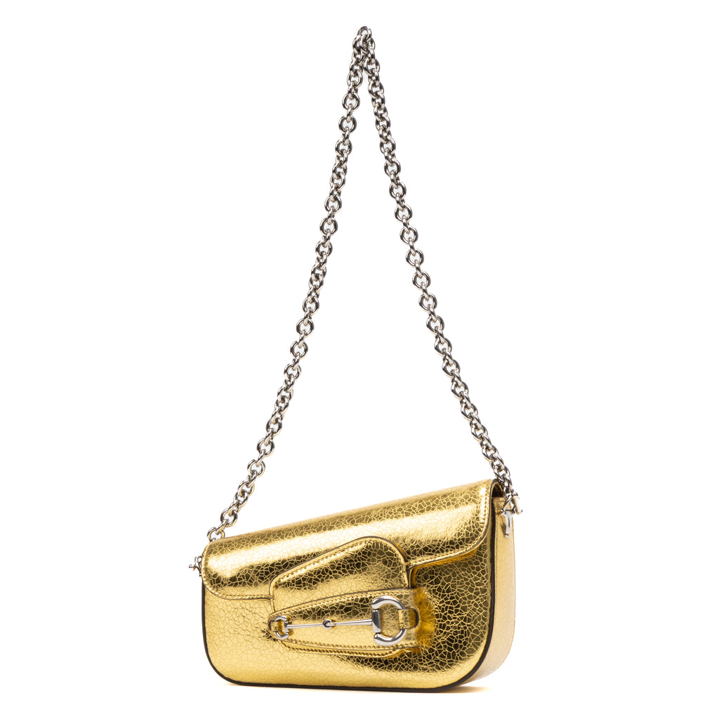 Shoulder Bag Horsebit 1955 Asymmetric Mini Gold Crackled Calfskin Leather