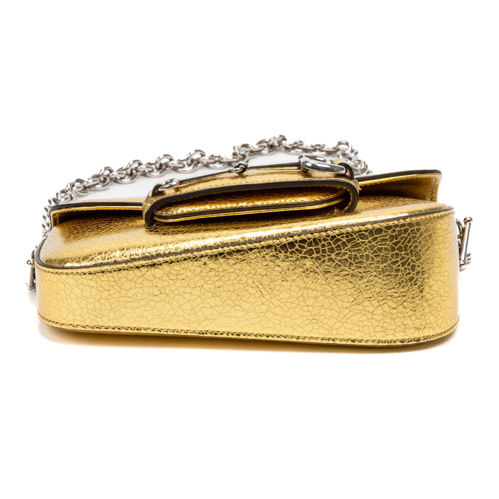 Shoulder Bag Horsebit 1955 Asymmetric Mini Gold Crackled Calfskin Leather