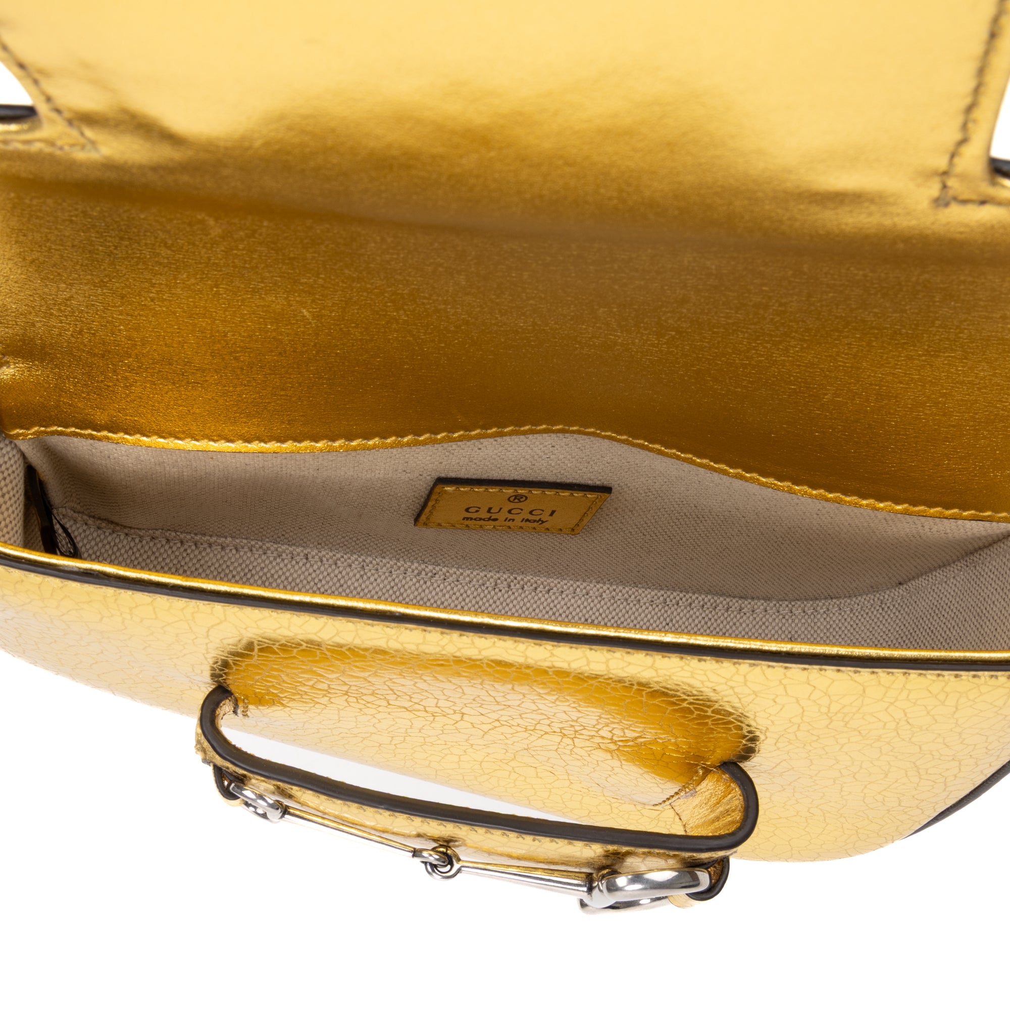 Shoulder Bag Horsebit 1955 Asymmetric Mini Gold Crackled Calfskin Leather