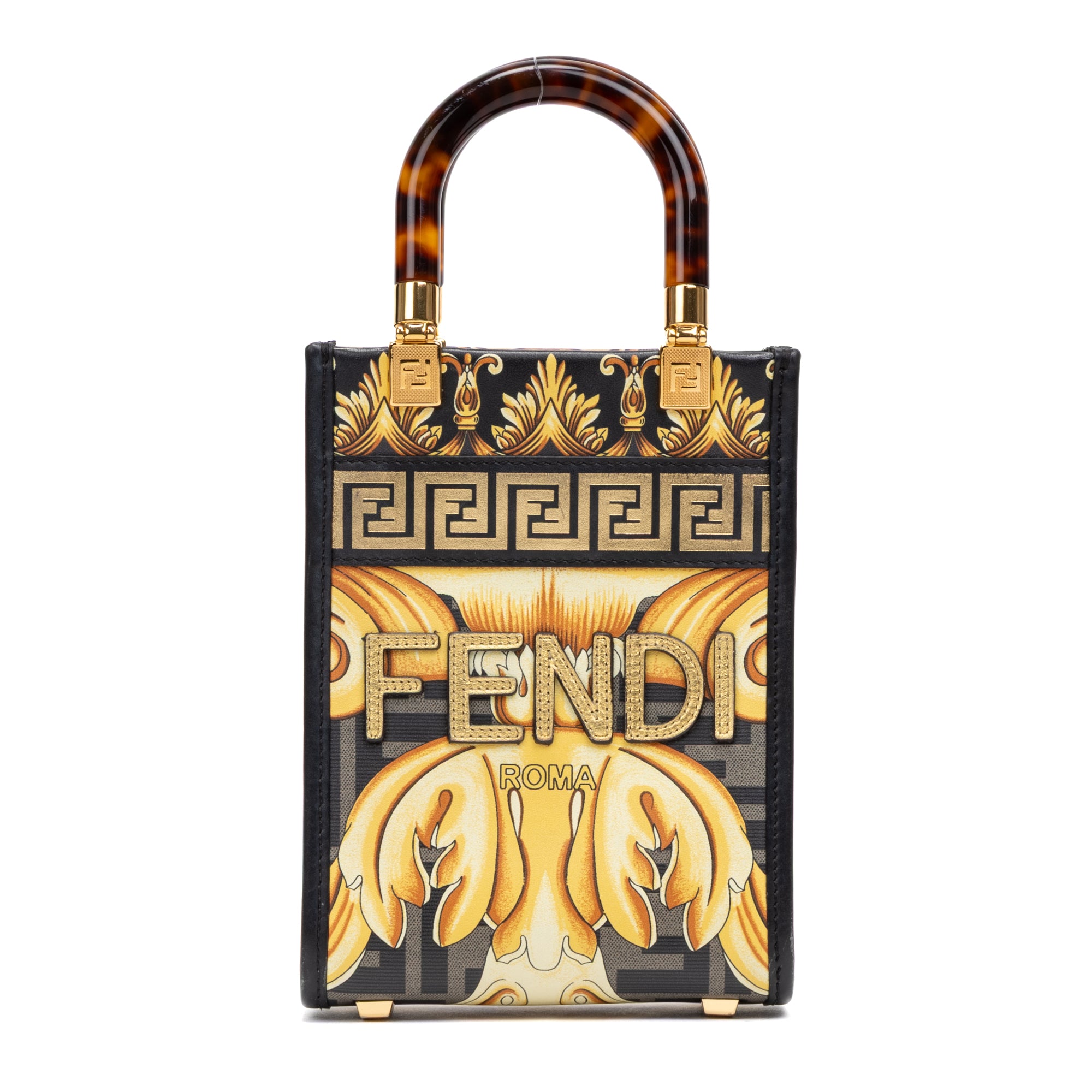 Shoulder Bag Versace Fendace Convertible Sunshine Tote Mini Black Printed Laminated Leather
