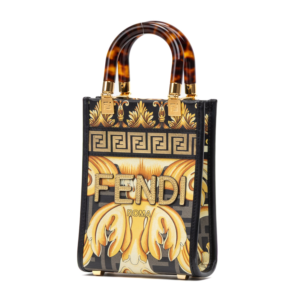 Shoulder Bag Versace Fendace Convertible Sunshine Tote Mini Black Printed Laminated Leather