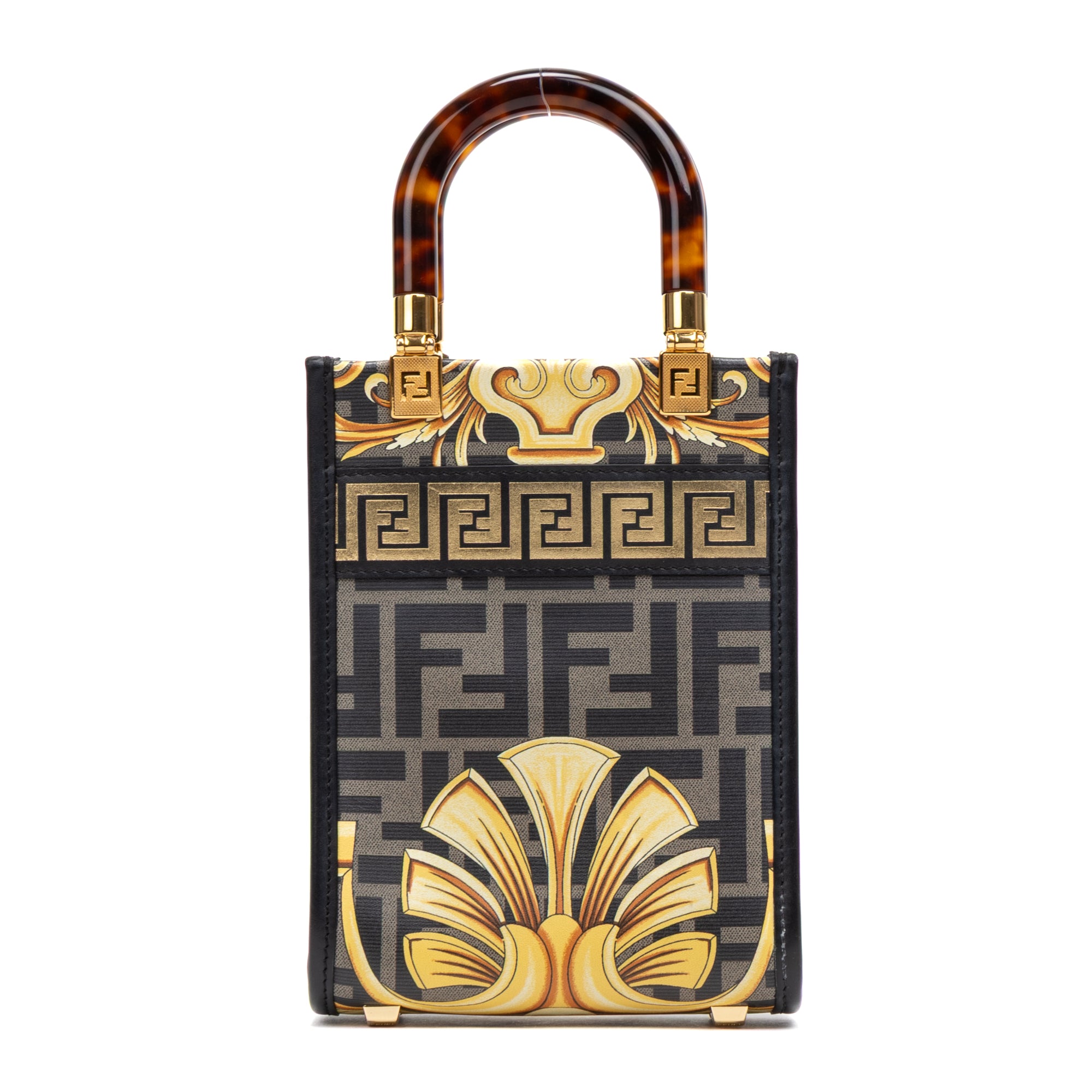 Shoulder Bag Versace Fendace Convertible Sunshine Tote Mini Black Printed Laminated Leather