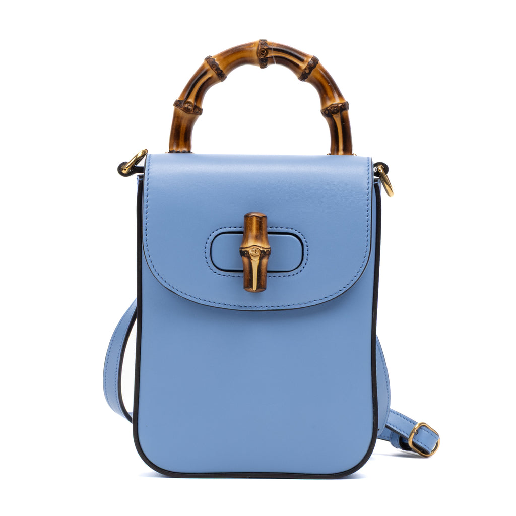 Backpack Bamboo Top Handle Backpack Mini Blue Calfskin Leather